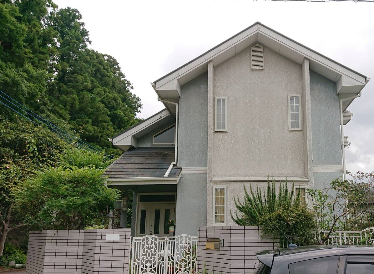 空と緑に調和するバイカラーの外観